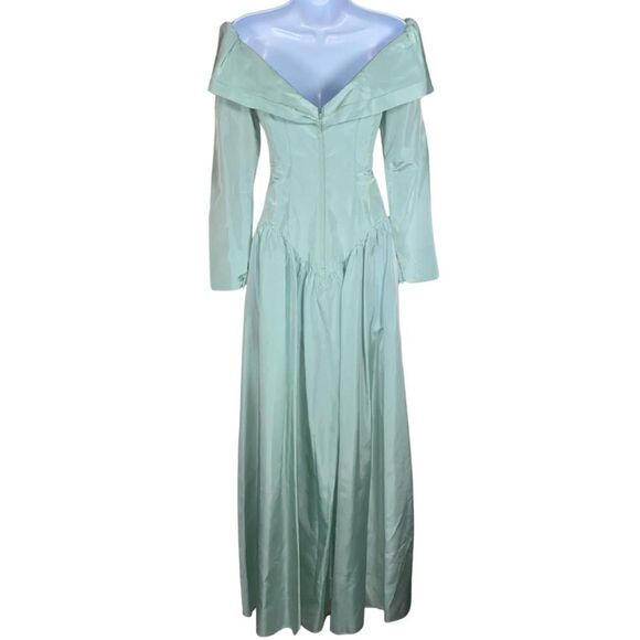 Vintage Light Blue/Teal Off-The-Shoulder Satin Bridesmaid Formal Gown - Picture 5 of 8